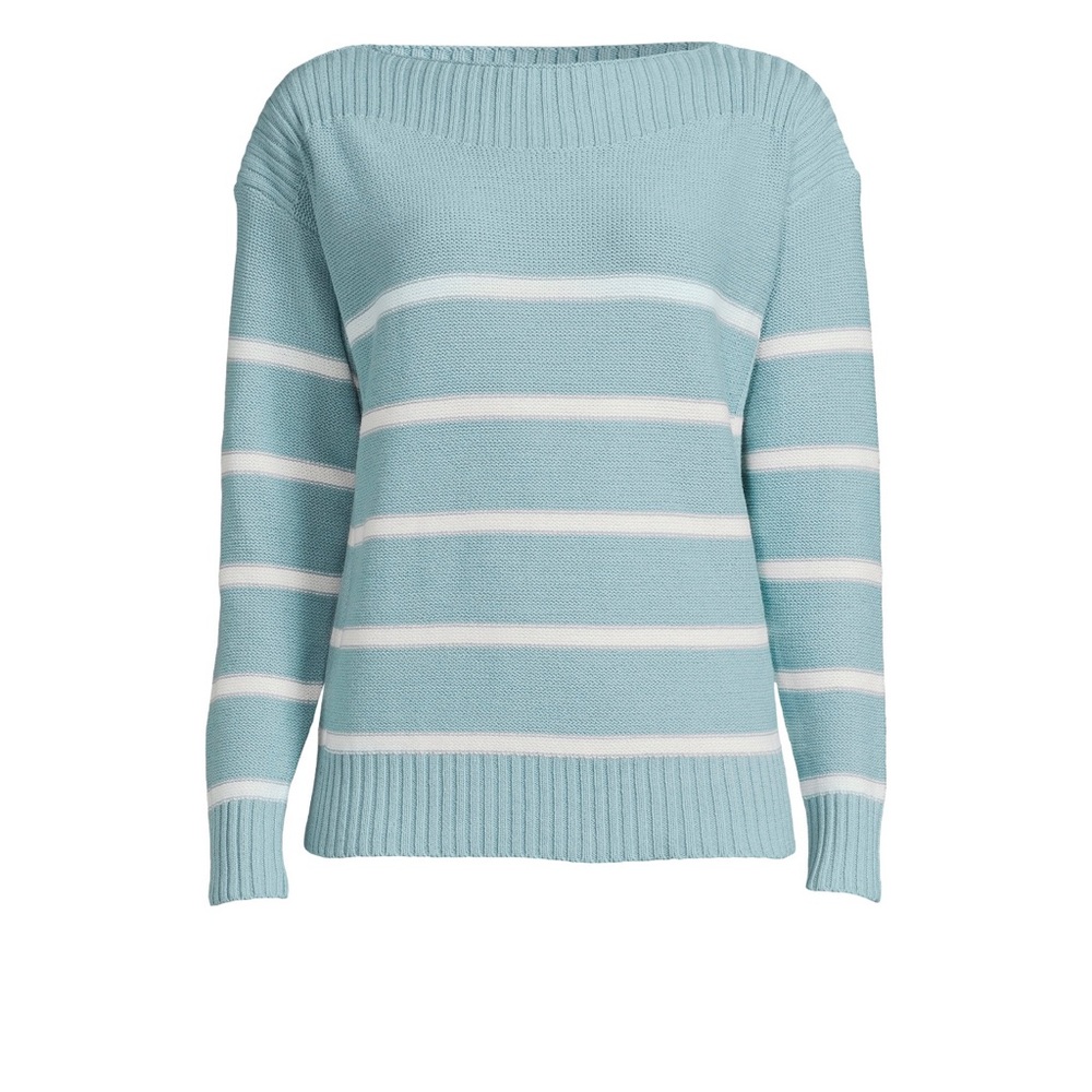 💥Women’s Time and Tru L 12-14 Pullover Sweater Green Ivory Stripe Boat Neck